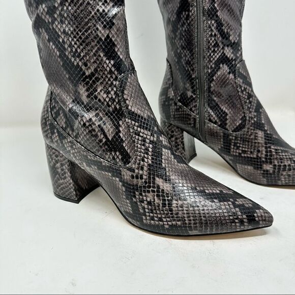 Marc Fisher Snake Grey Black Pointed Toe Over Knee Boots Side Zip 9.5 - Picture 2 of 9